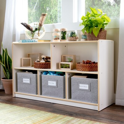 Guidecraft EdQ 2-Shelf 5-Compartment Storage 24": Wooden Classroom and Playroom Bookshelf with Bins for Kids Toys and Books