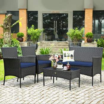 Costway 4PCS Patio Wicker Furniture Set Coffee Table Cushions w/ Cover
