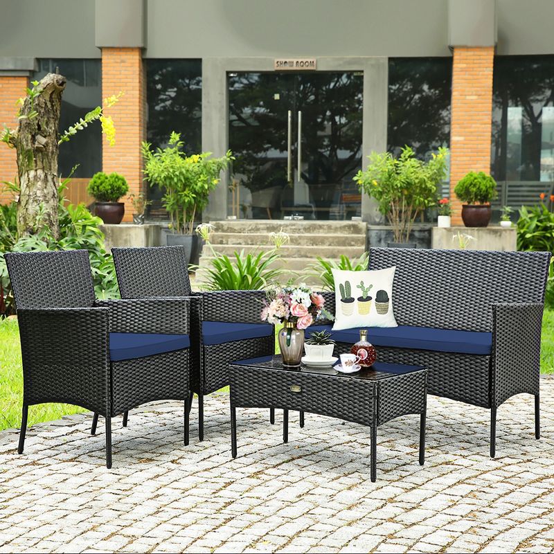 Costway 4PCS Patio Wicker Furniture Set Coffee Table Cushions w/ Cover, 1 of 9