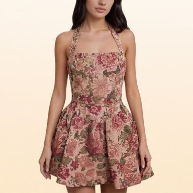 halter square neck dress EadianDree Womens Floral Jacquard Mini Neckline Sleeveless Backless Flare Party Guest Dress,Pink WNN_HS:6204.49