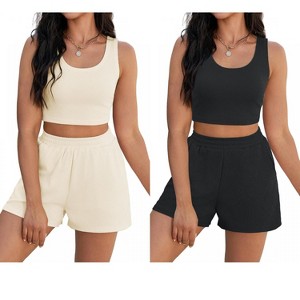 ATHLECHIC Women's Ribbed Knit Crop Tank Tops Short Sets with Pockets Travel Outfits 2 Pcs - 1 of 4