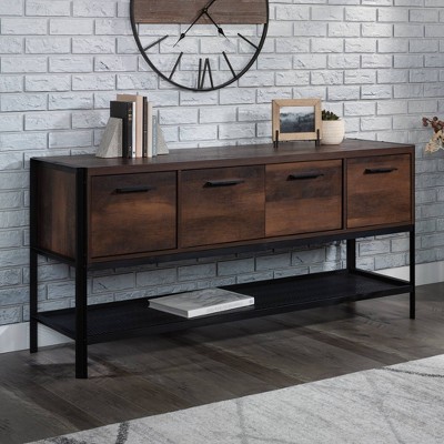 Barrel Oak and Black Metal 2-Drawer Office Credenza