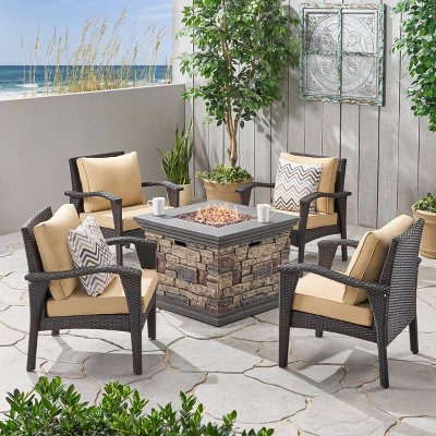 Kaula 5pc Faux Rattan Club Chair & Fire Pit Chat Set - Christopher Knight Home