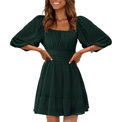 EXLURA Women's Lantern Sleeve Tie Back Summer Dress Ruffled Off Shoulder A-Line Vintage Mini Dress