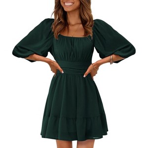 EXLURA Women's Lantern Sleeve Tie Back Summer Dress Ruffled Off Shoulder A-Line Vintage Mini Dress - 1 of 4