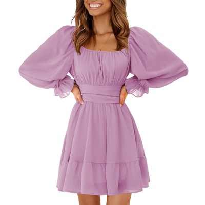 EXLURA Women's 2025 Casual Long Lantern Sleeve Dresses Square Neck Ruffle Tie Back Elastic Waist Aline Short Mini Dress