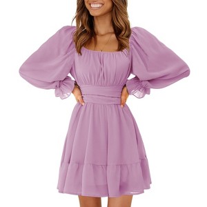 EXLURA Women's 2025 Casual Long Lantern Sleeve Dresses Square Neck Ruffle Tie Back Elastic Waist Aline Short Mini Dress - 1 of 4