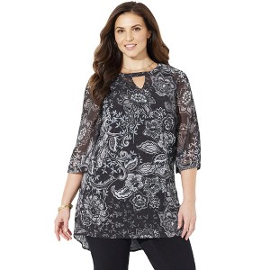 Catherines Women's Plus Size Petite Hi-Low Keyhole Accent Layered Tunic - 1 of 4