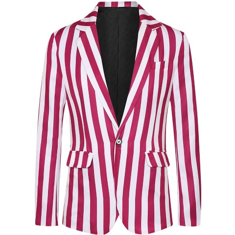 INSPIRE CHIC Men's One Button Business Stripes Patterned Blazers Red White Medium