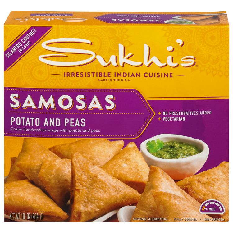 Sukhi's Indian Potato & Pea Vegetarian Samosa Frozen Appetizer Snack with Cilantro Chutney Dipping Sauce - 10oz, 1 of 5