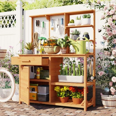 Garden Potting Bench Table Outdoor Patio Workstation with Drawer, Shelves, Cabinet, Pegboard with Hooks, Fir Wood Frame,Natural/White/Brown-ModernLuxe