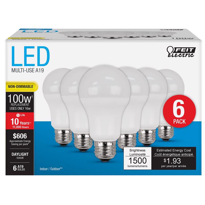 Feit Electric A19 E26 (Medium) LED Bulb Daylight 100 Watt Equivalence 6 pk, 1 of 2