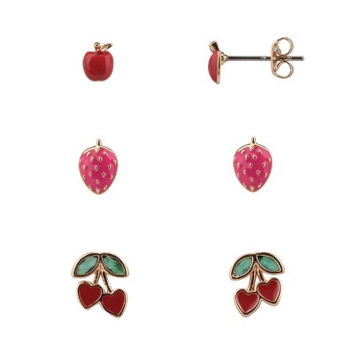 FAO Schwarz Gold Tone Cherry and Strawberry Trio Earring Set