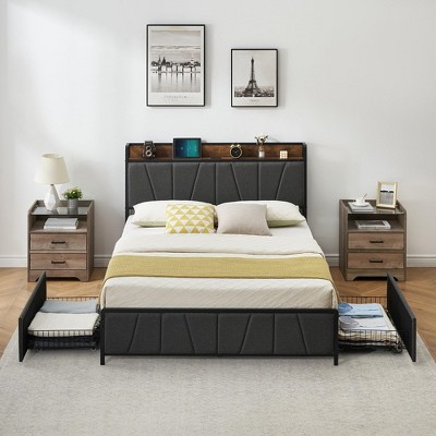 Twin/Full/Queen/King Size Bed Frame with 2 Storage Drawers and Charging Station