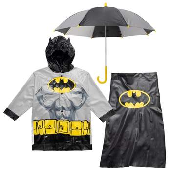DC Comics Justice League Superman Batman Waterproof Rain Jacket Cape and Umbrella 3 Piece Set Toddler to Little Kid