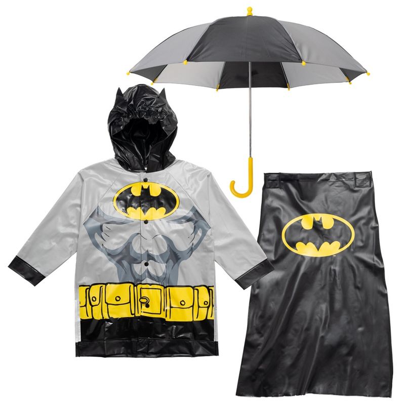 DC Comics Justice League Superman Batman Waterproof Rain Jacket Cape and Umbrella 3 Piece Set Toddler to Little Kid, 1 of 10