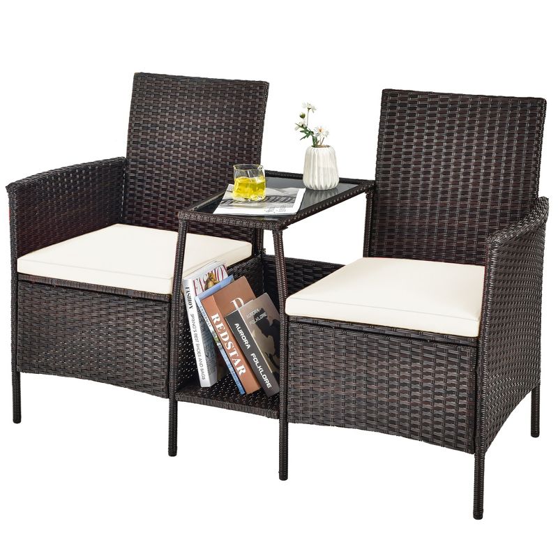 Costway Patio Rattan Wicker Conversation Set Sofa Cushioned Loveseat Glass Table, 2 of 9