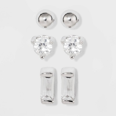 Sterling Silver Cubic Zirconia Round Stud, Baguette and Polished Ball Stud Earring Set 3pc - A New Day™ Silver