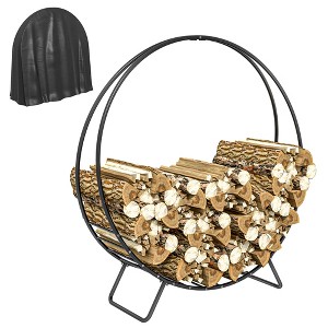 Outsunny Firewood Rack with Cover, Waterproof Log Rack, Heavy Duty Wood Storage Hoop Stand for Indoor Outdoor Fireplace, Firepit, Black - 1 of 4