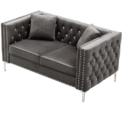 NicBex 59.4 Inch Velvet Couch,Jeweled Buttons Tufted 2-Seater Sofa with 2 Pillows for Living Room,Office,Apartment