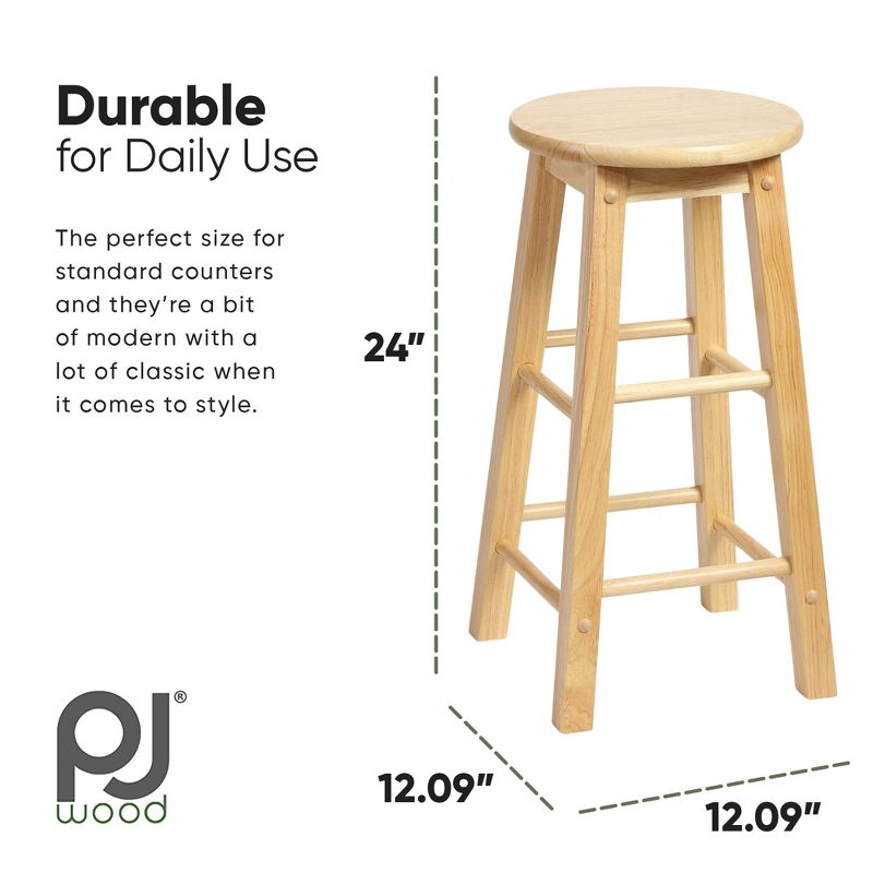 PJ Wood Round-Seat 24 Inch Tall Kitchen Counter Stools for Homes, Dining Spaces, and Bars with Backless Seats, 4 Square Legs, Natural, Set of 2, 4 of 7