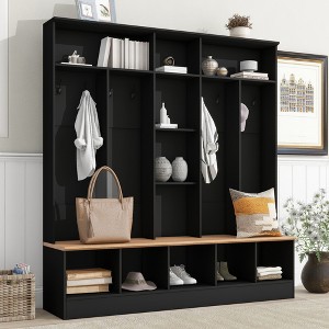 VYNXARIA Wide Design Hall Tree with Storage Bench & 8 Hooks - Minimalist Black Entryway Solution - 1 of 4