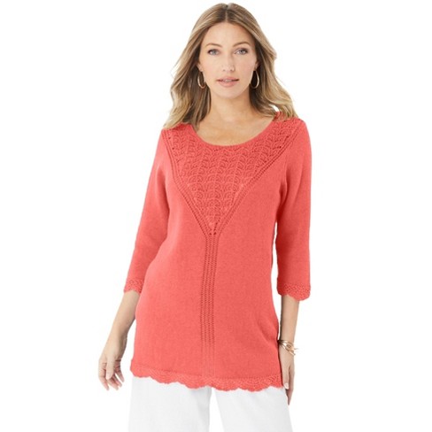Roaman s Women s Plus Size Lace Knit Pullover Sweater 26 28 Sunset Coral Target
