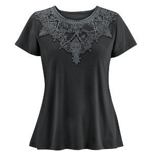 Collections Etc Feminine Lace Trimmed Scoop Neckline Short Sleeve Top - 1 of 4