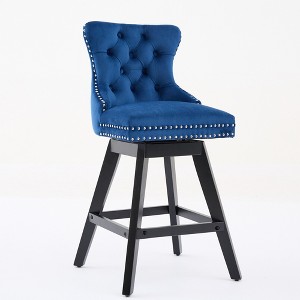 PDTEND Swivel Velvet Bar Stools with Button Tufted Decoration and Wooden Legs, Chrome Nailhead Trim Set of 2 - 1 of 4