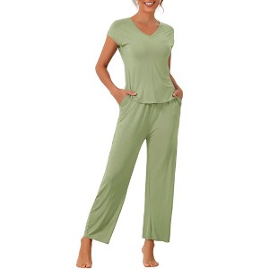 cheibear Women's Short Sleeve Top with Long Pants Modal Casual 2 Piece Loungewear Set - 1 of 4