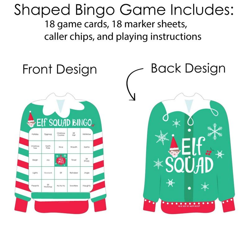 Big Dot of Happiness Elf Squad - Bingo Cards and Markers - Kids Elf Christmas and Birthday Party Shaped Bingo Game - Set of 18, 3 of 6