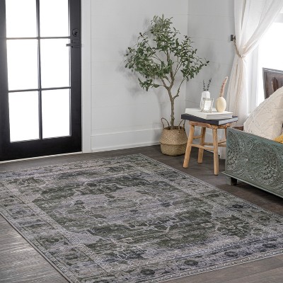 Alanya Dark Green and Gray Washable Synthetic Medallion Rug 4' x 6'