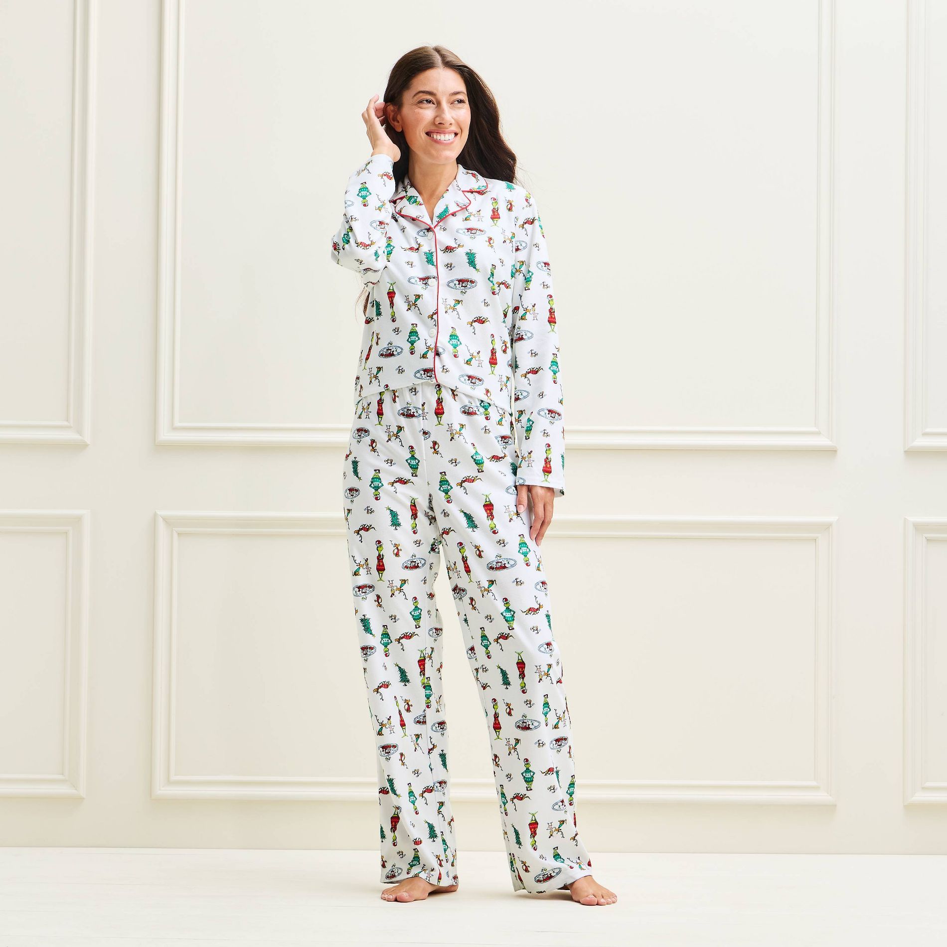Women's The Grinch Long Sleeve Shirt and Pants Holiday Matching Family Sleep Pajama Set - Cream
