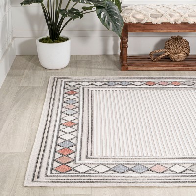 Ivory Beige Geometric Synthetic 5'x8' Reversible Indoor/Outdoor Rug