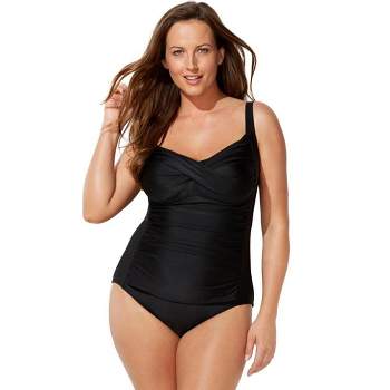 Swimsuits for All Women's Plus Size Plunge One Piece Swimsuit, 26 - Black  Foil