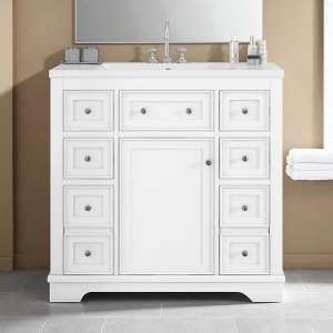 36" Bathroom Vanity with Sink, Freestanding White Cabinet with 6 Drawers and Door, Solid Wood & MDF with Ceramic Top - 1 of 4