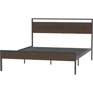 King Size Queen Size Metal Bed with Wood Headboard, Platform Bed Frame with Under Bed Storage,Easy Assembly Black_Queen - 1 of 4