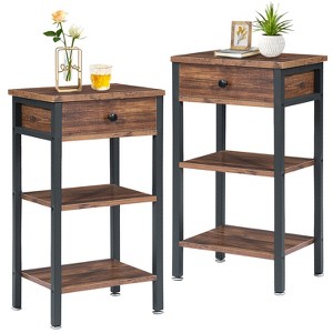 VECELO Tall End Side Table Set of 2, Nightstand with Adjustable Shelf and Drawer for Living Room or Bedroom, Small Spaces, Brown - 1 of 4