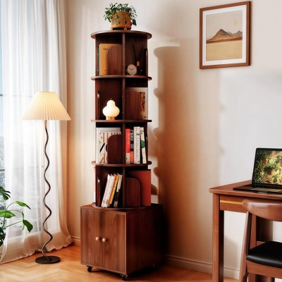 Vynxaria Rotating Bookshelf, 360 Degree Display 5 Tier Corner Bookshelf with Drawer for Small Space, Floor Standing Bookcase Storage Rack,WALNUT