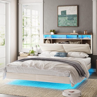 Floating Platform Bed Frame with Storage Headboard, Charging Station, LED Lights, Beige