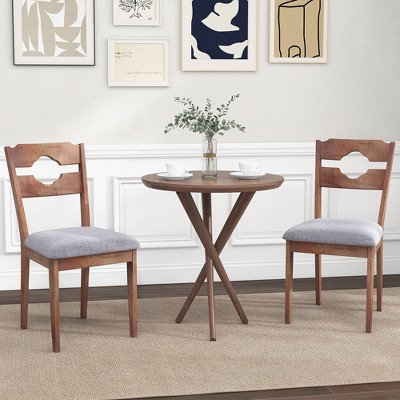 Set of 2 Brown Rubber Wood Dining Chairs with Gray Upholstered Seat