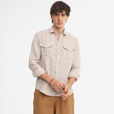 Campus Sutra Men Men's Tan Brown & Ivory White Basket-Weave Shirt