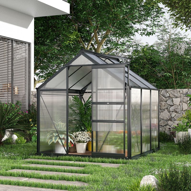 Outsunny 6.2' x 6.2' x 6.6' Polycarbonate Greenhouse, Heavy Duty Outdoor Aluminum Walk-in Green House Kit with Vent & Door for Backyard Garden, Gray, 2 of 7