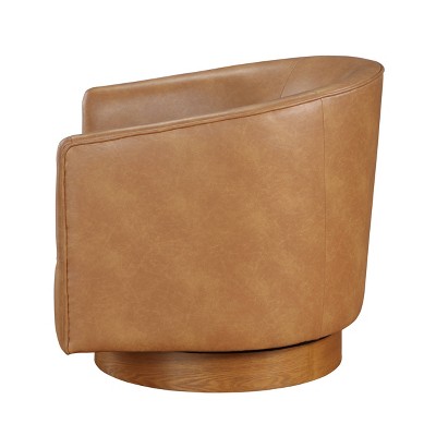 Saddle Brown Faux Leather Wood Swivel Barrel Chair