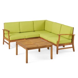 GDFStudio Abena Outdoor Acacia Wood 5 Seater Sectional Sofa Chat Set with Water-Resistant Cushions - 1 of 4