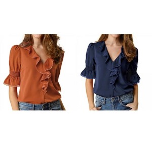 Allegra K Women's Ruffle V Neck Puff Sleeve Summer Casual Chiffon Peasant Top 2 Packs - 1 of 4
