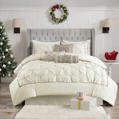 7 Pcs Faux Silk Bedding Set, Solid Color RIAB Royal Style Comforter Set, Tufted Dimensional Design Smooth Edge Comforter with Matching Pillow Cases