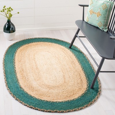 Natural and Green Oval Handwoven Cotton Area Rug