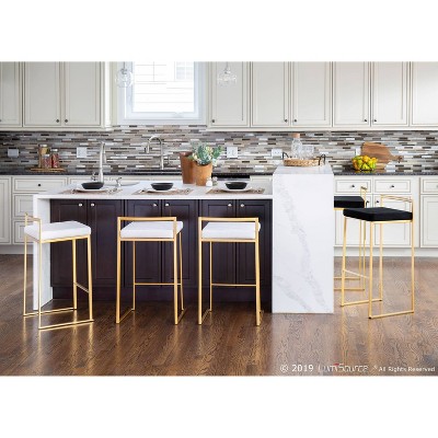 Gold Metal Bar Stools with White Velvet Cushions, Set of 2