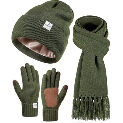 SENPUKI Womens Satin Lined Beanie Scarf Gloves Set, Silk Lined Winter Hats Knit Scarf Touchscreen Gloves, 3 Fashionable Warm Gift Set